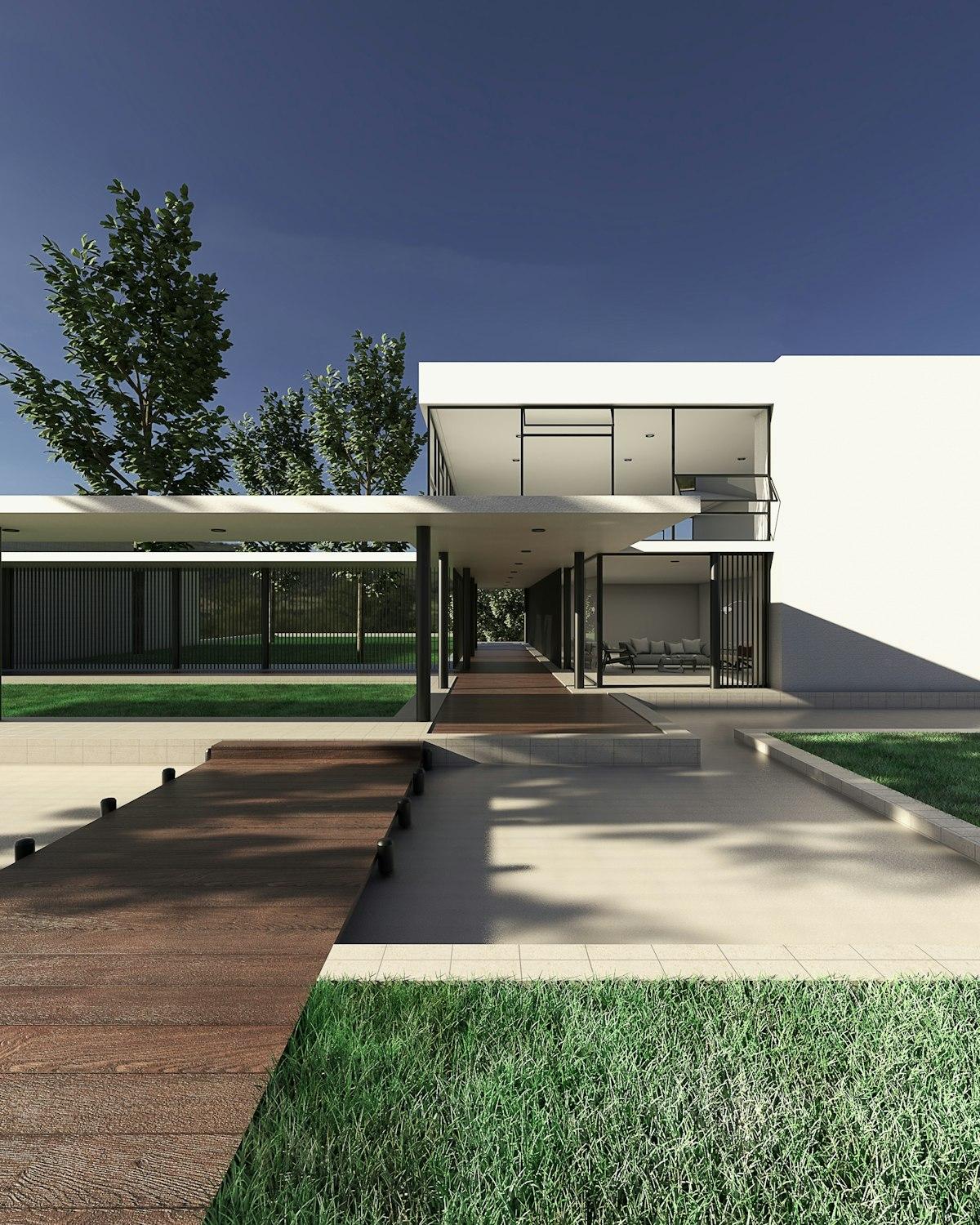 Building exterior render with a pinned comment
